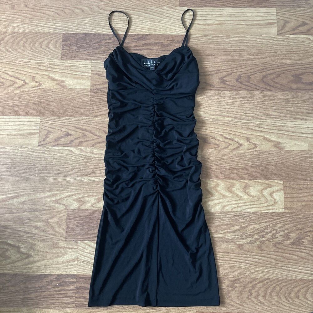 Vintage Nicole Miller large Black Dress bondage Party Formal Ruched made in USA